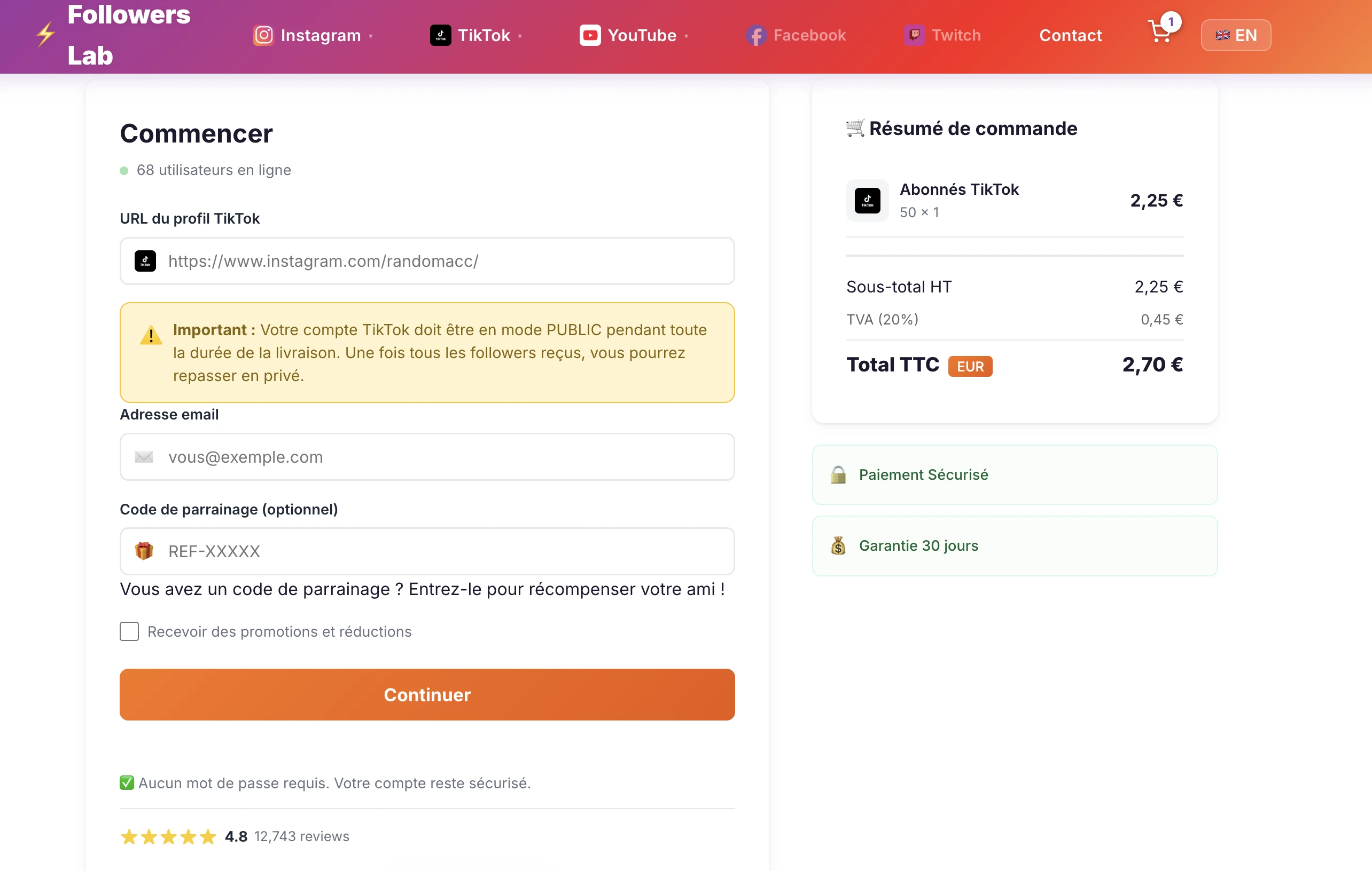 Processus de commande pour acheter followers TikTok sur Followers-Lab