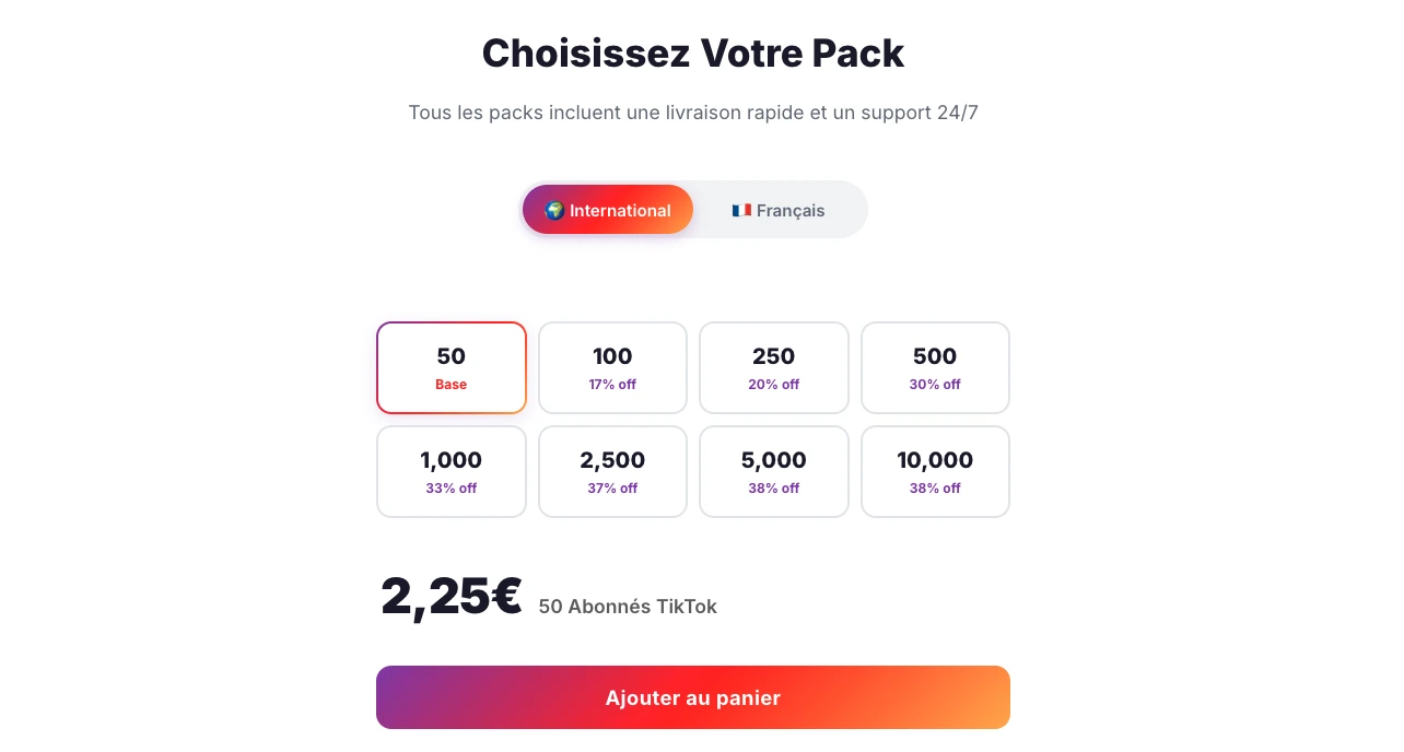 Packs de followers TikTok proposés par Followers-Lab